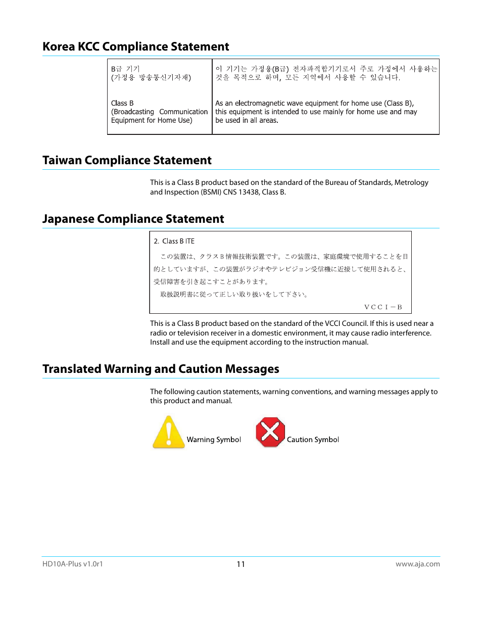 Korea kcc compliance statement, Taiwan compliance statement, Japanese compliance statement | Translated warning and caution messages | AJA HD10A-Plus User Manual | Page 11 / 18