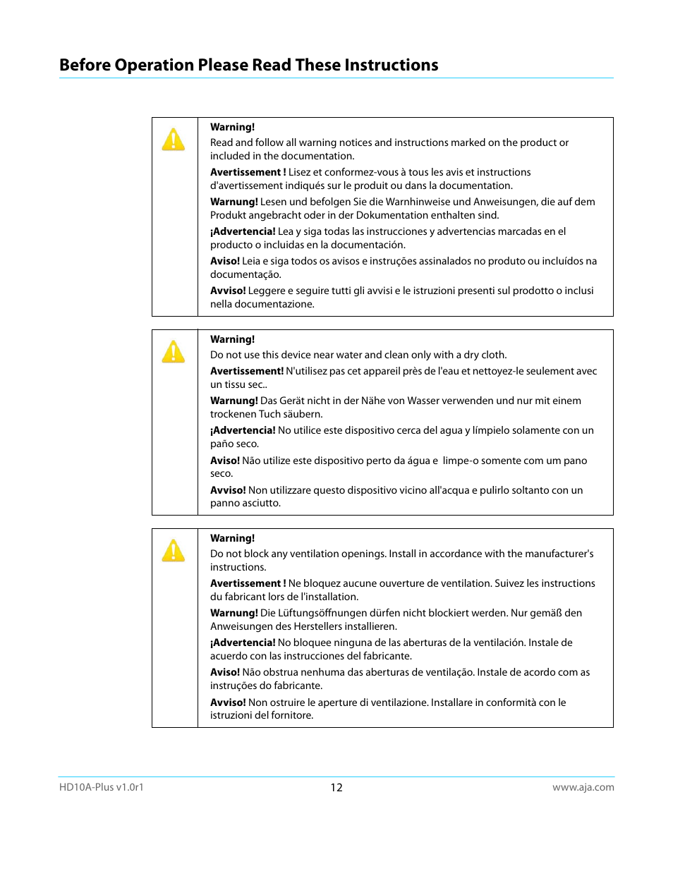 Before operation please read these instructions | AJA HD10A-Plus User Manual | Page 12 / 18