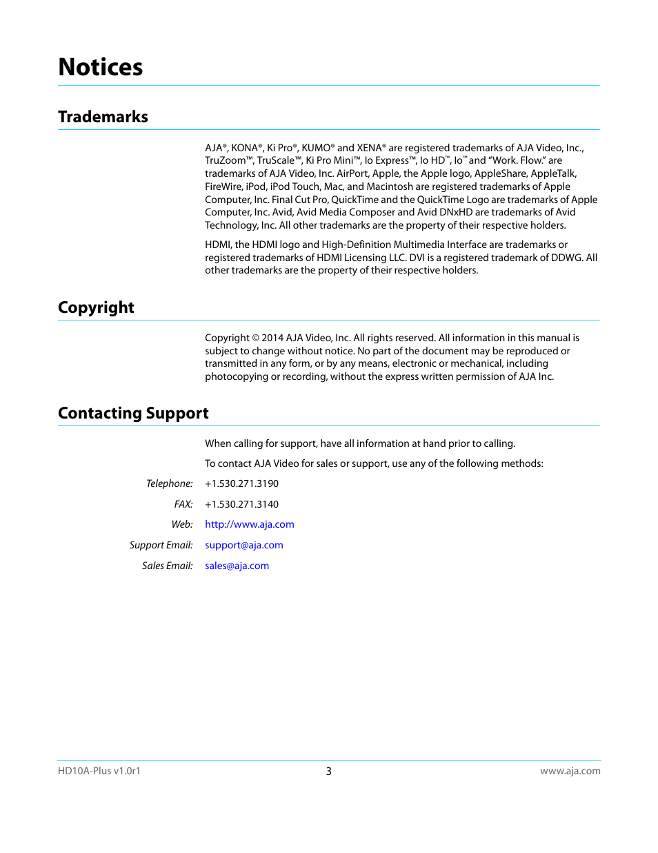 Notices, Trademarks, Copyright | Contacting support, Trademarks copyright contacting support | AJA HD10A-Plus User Manual | Page 3 / 18
