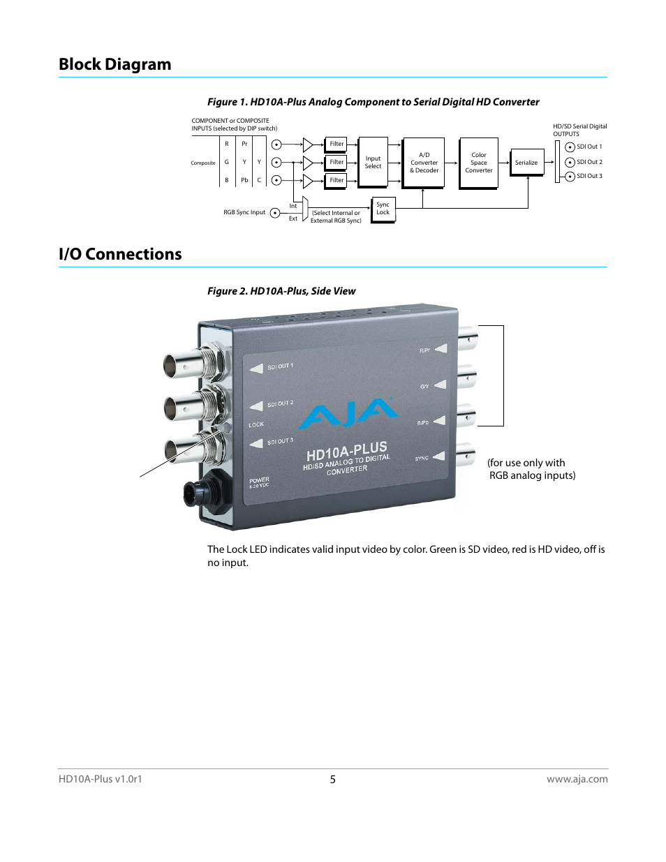 Block diagram, I/o connections, Block diagram i/o connections | AJA HD10A-Plus User Manual | Page 5 / 18