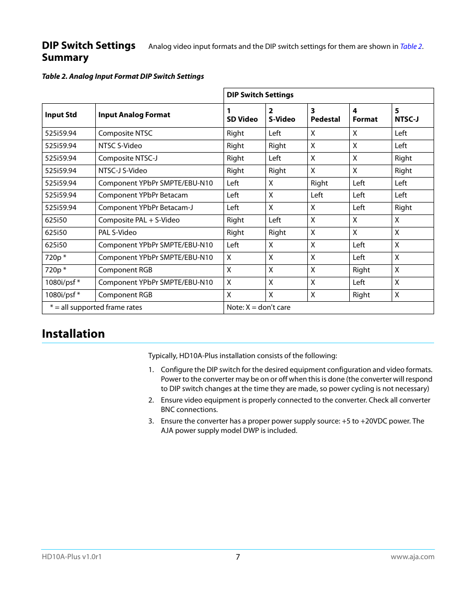 Dip switch settings summary, Installation | AJA HD10A-Plus User Manual | Page 7 / 18