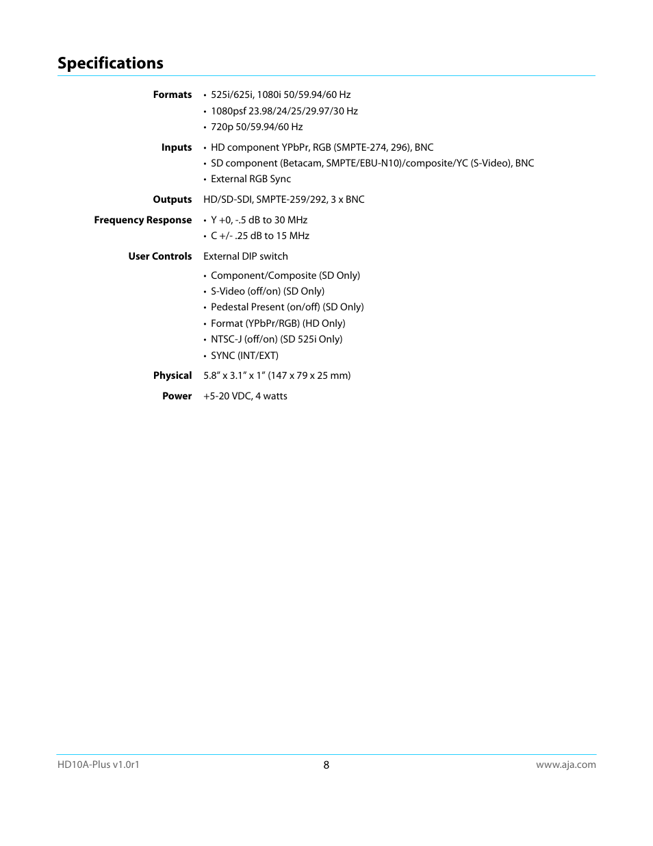 Specifications | AJA HD10A-Plus User Manual | Page 8 / 18