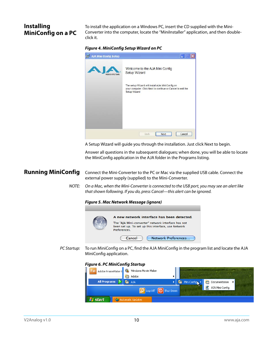 Installing miniconfig on a pc, Running miniconfig, Installing miniconfig on a pc running miniconfig | AJA V2Analog User Manual | Page 10 / 27