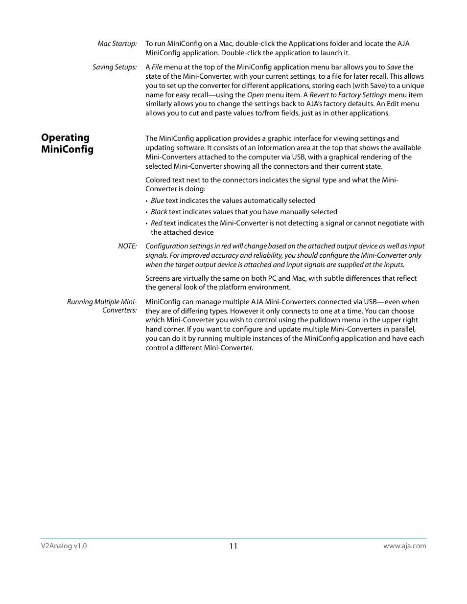 Operating miniconfig | AJA V2Analog User Manual | Page 11 / 27