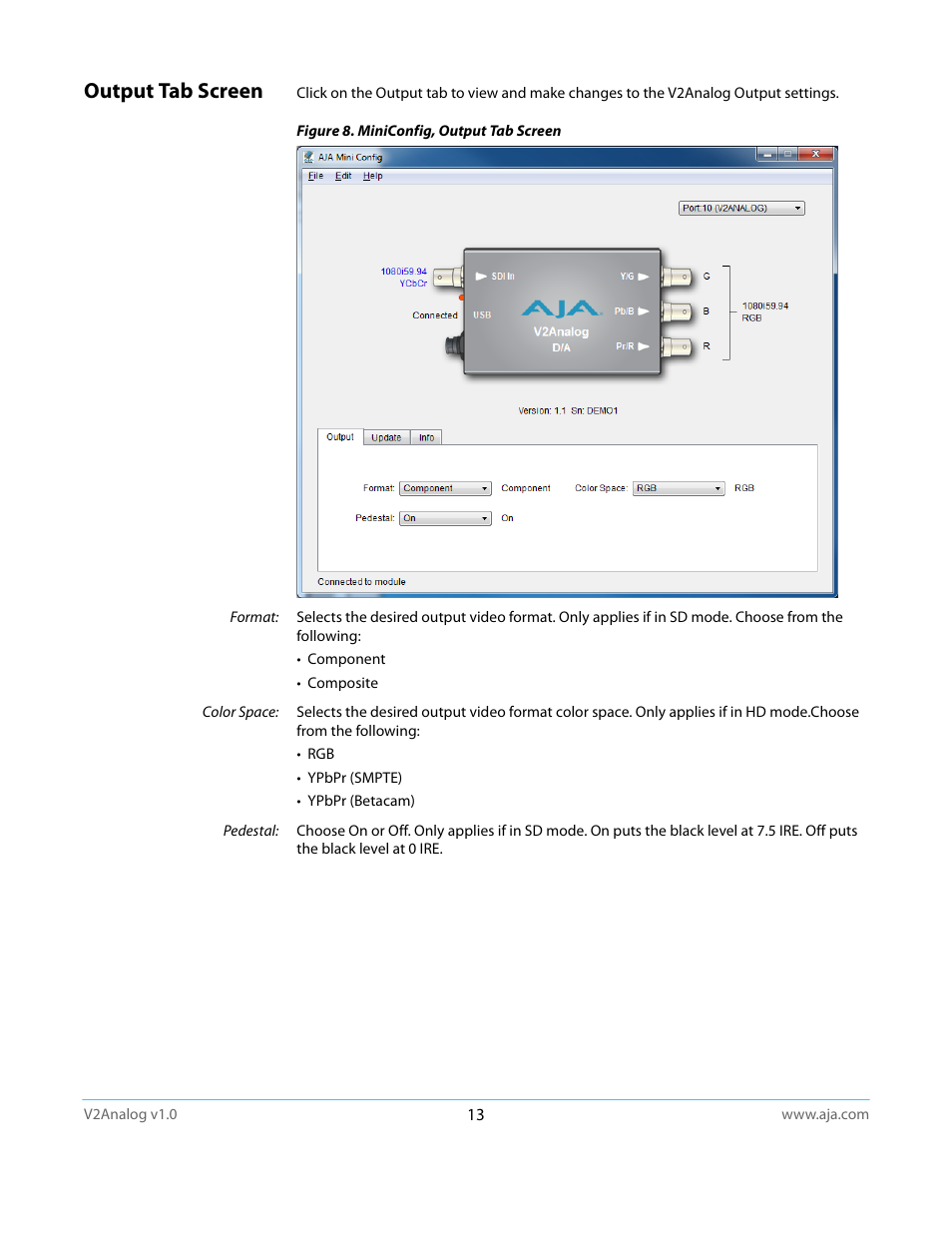 Output tab screen | AJA V2Analog User Manual | Page 13 / 27