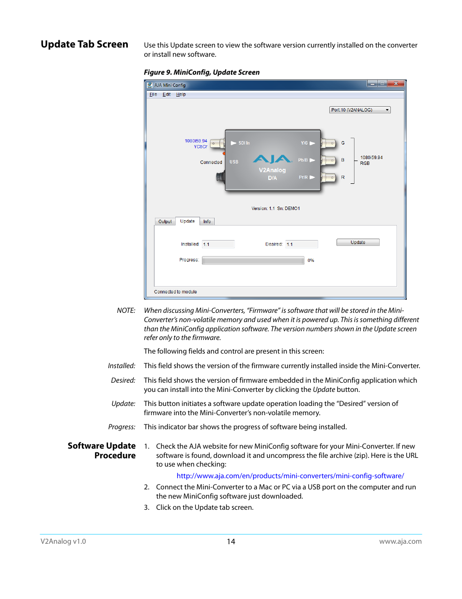 Update tab screen, Software update procedure | AJA V2Analog User Manual | Page 14 / 27