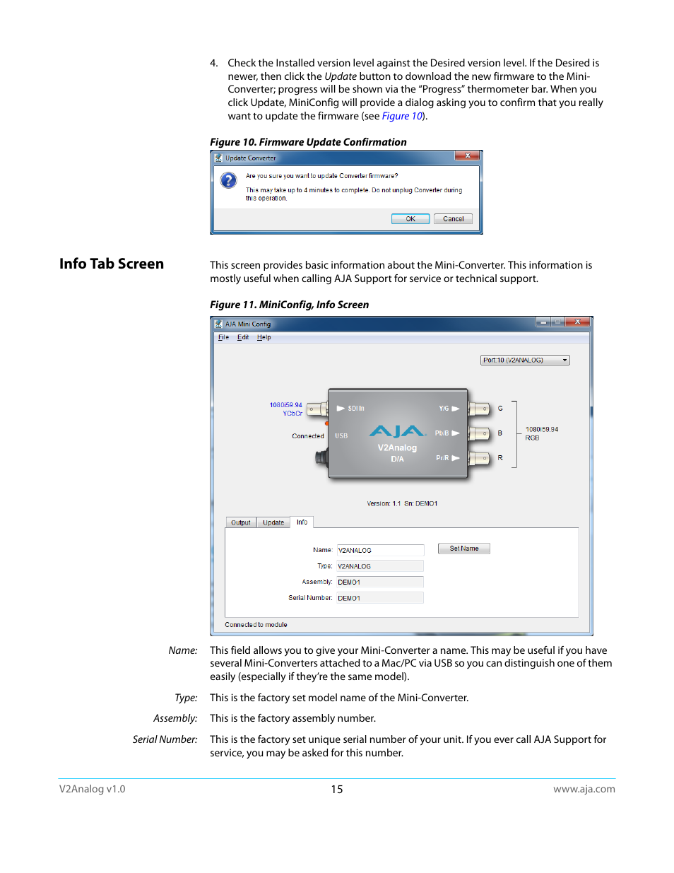 Info tab screen | AJA V2Analog User Manual | Page 15 / 27