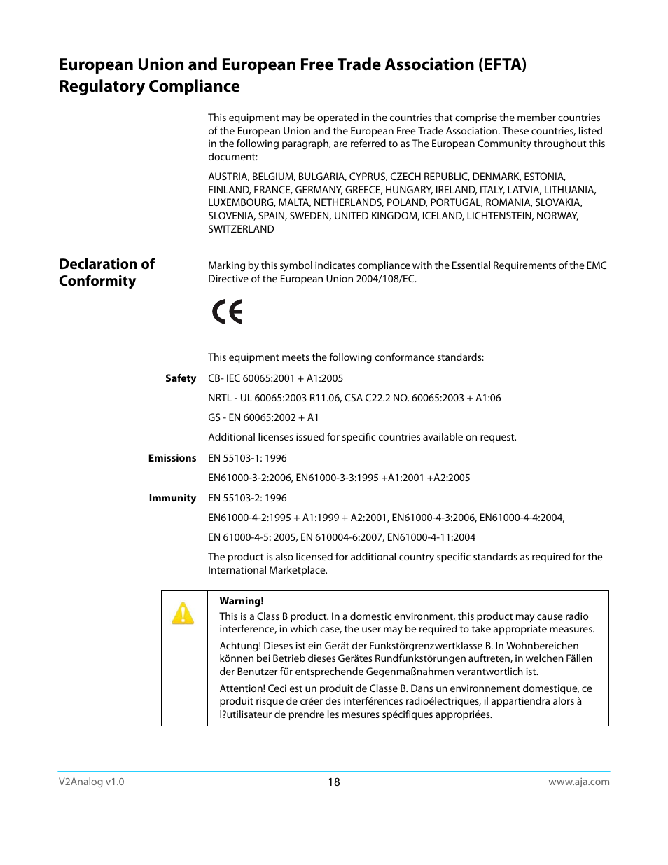 Declaration of conformity | AJA V2Analog User Manual | Page 18 / 27