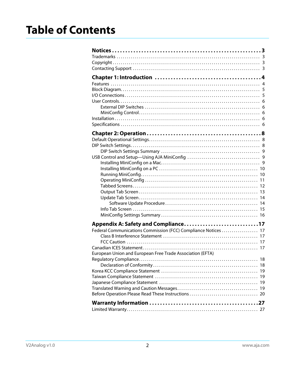 AJA V2Analog User Manual | Page 2 / 27