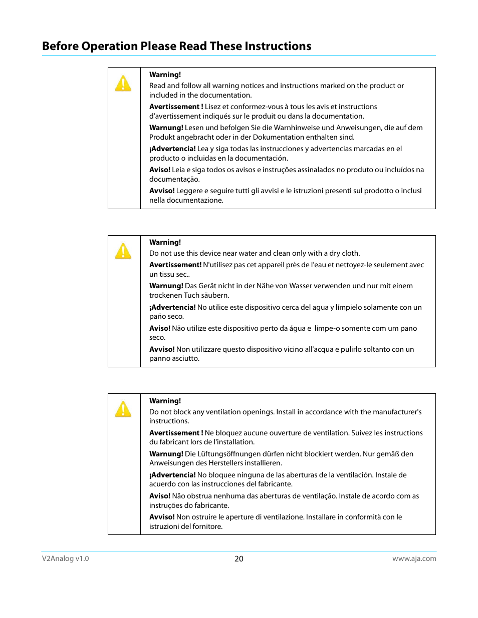 Before operation please read these instructions | AJA V2Analog User Manual | Page 20 / 27