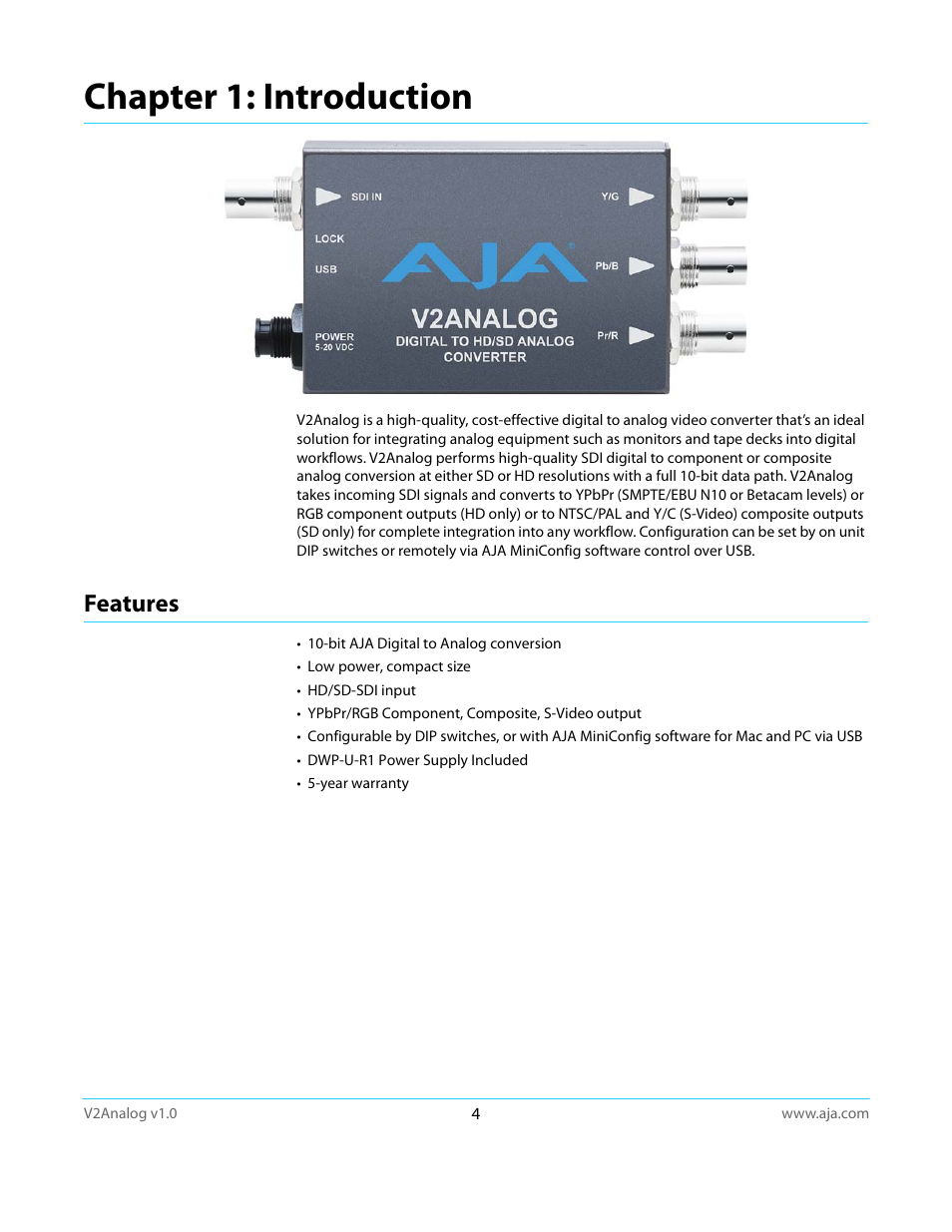 Chapter 1: introduction, Features | AJA V2Analog User Manual | Page 4 / 27