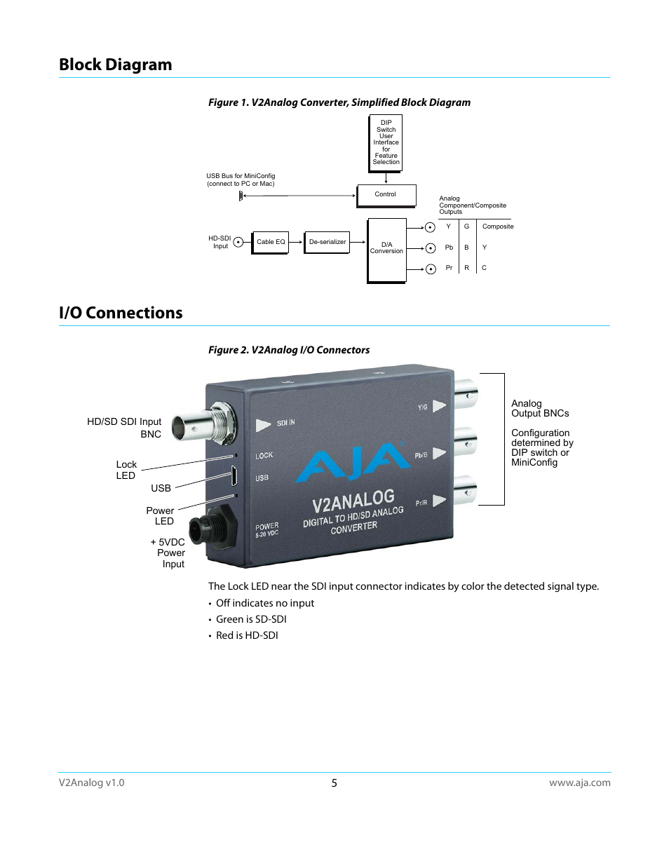 Block diagram, I/o connections, Block diagram i/o connections | AJA V2Analog User Manual | Page 5 / 27