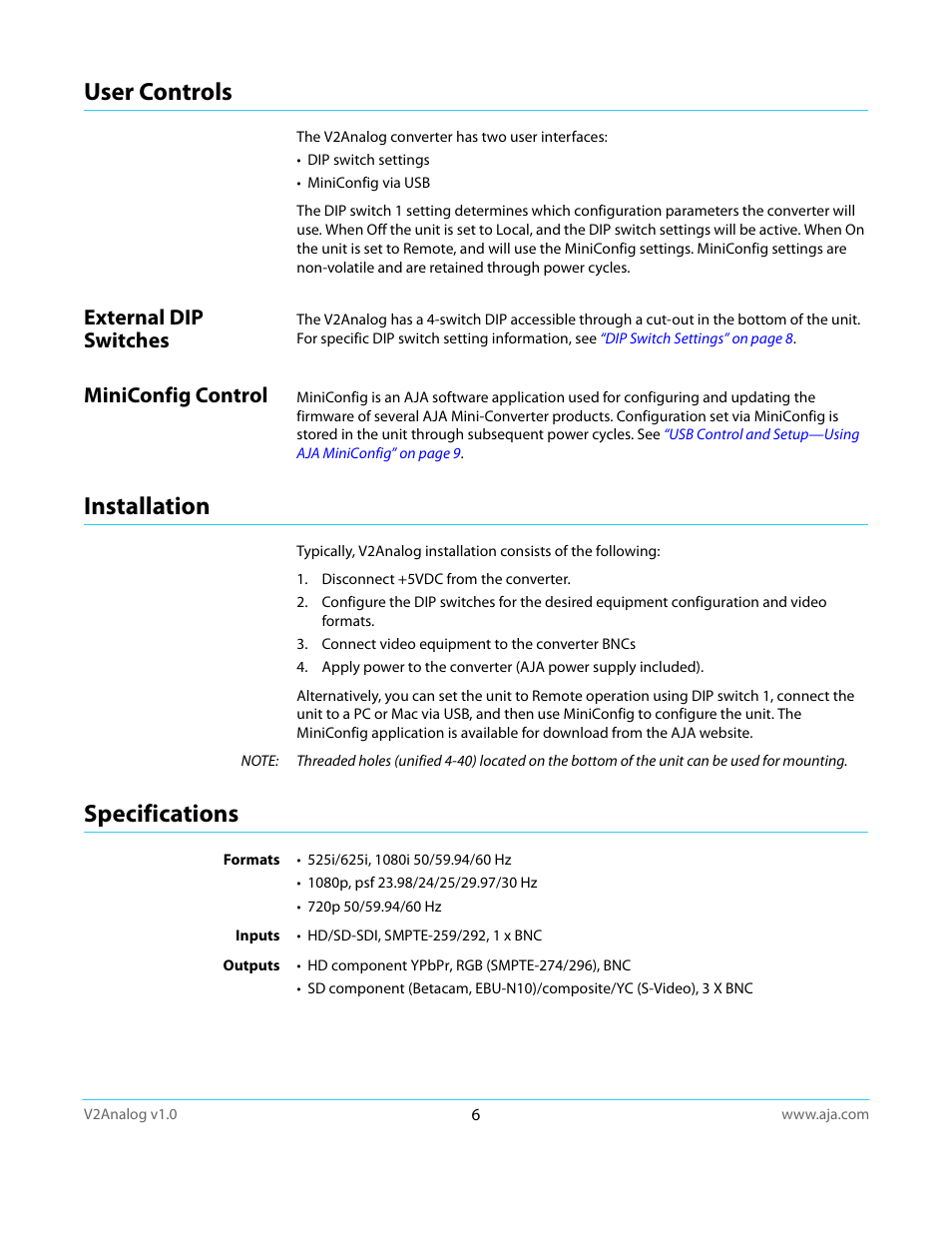 User controls, External dip switches, Miniconfig control | Installation, Specifications, External dip switches miniconfig control, Installation specifications | AJA V2Analog User Manual | Page 6 / 27