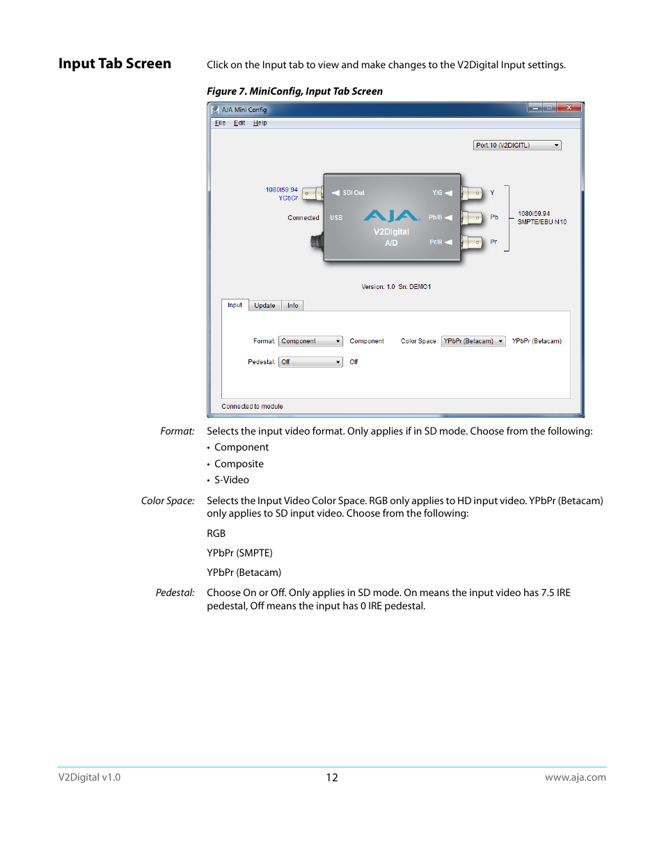 Input tab screen | AJA V2Digital User Manual | Page 12 / 26