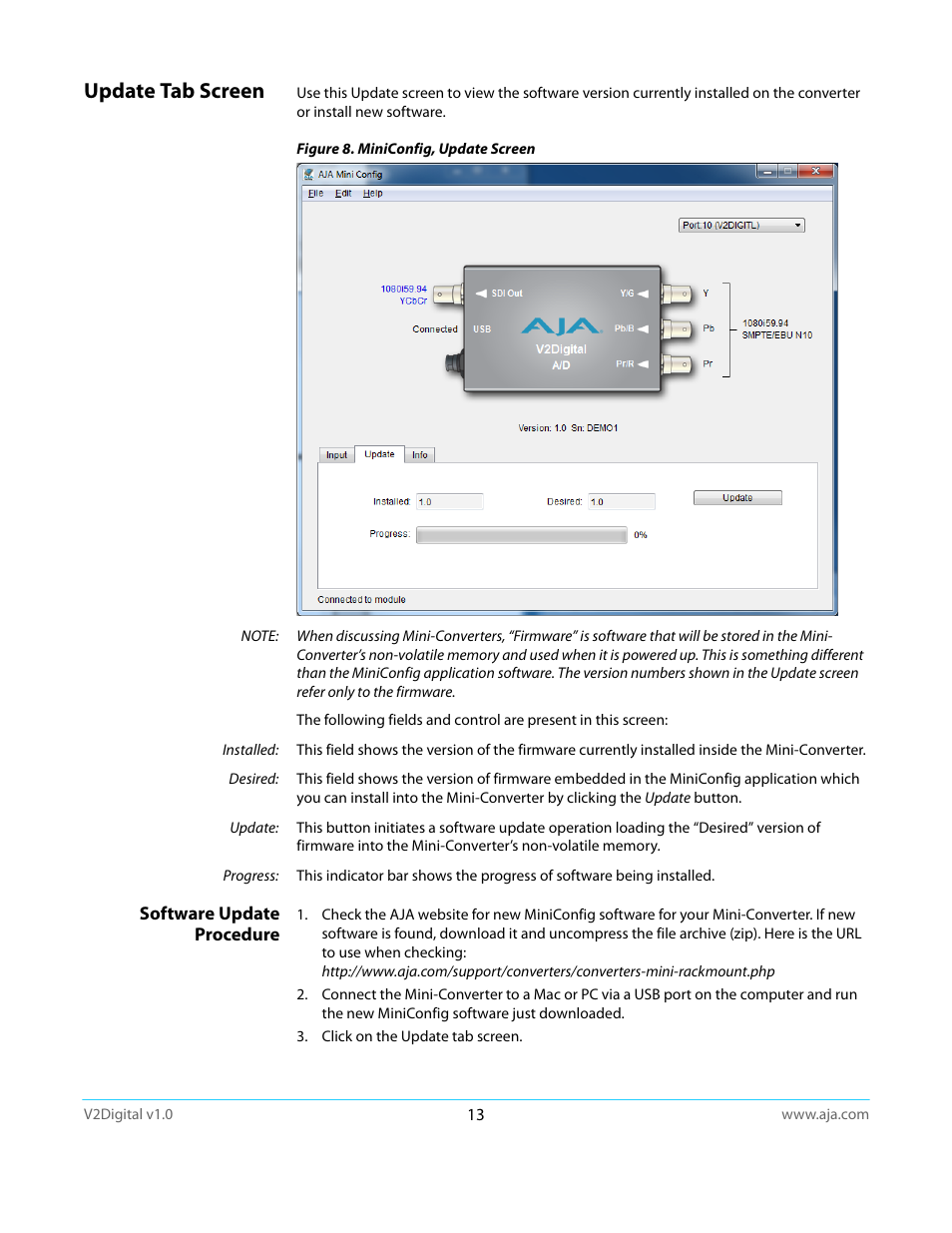 Update tab screen, Software update procedure | AJA V2Digital User Manual | Page 13 / 26