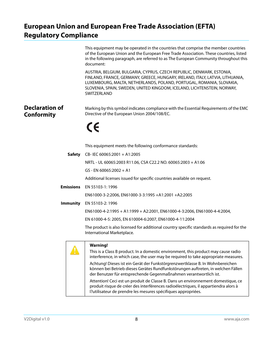 Declaration of conformity | AJA V2Digital User Manual | Page 17 / 26