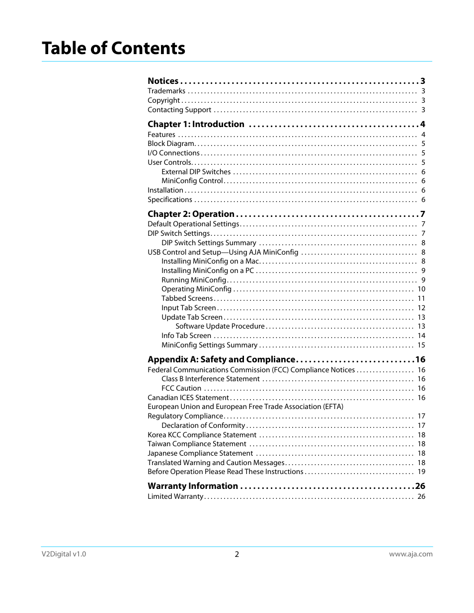 AJA V2Digital User Manual | Page 2 / 26