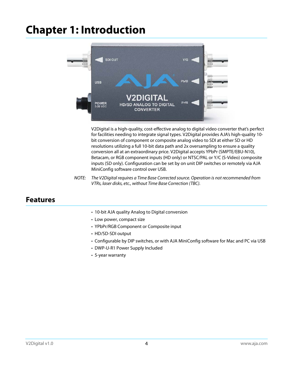 Chapter 1: introduction, Features | AJA V2Digital User Manual | Page 4 / 26