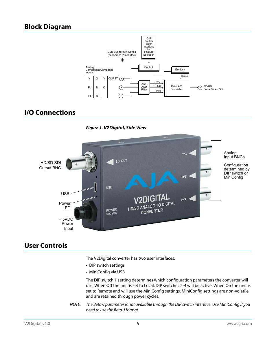 Block diagram, I/o connections, User controls | Block diagram i/o connections user controls, Block diagram i/o connections, V2digital, side view | AJA V2Digital User Manual | Page 5 / 26