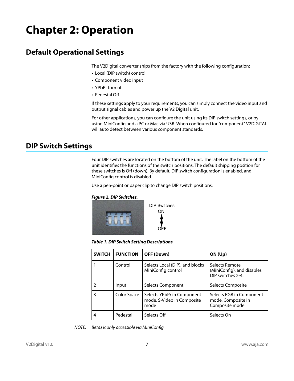 Chapter 2: operation, Default operational settings, Dip switch settings | Default operational settings dip switch settings | AJA V2Digital User Manual | Page 7 / 26