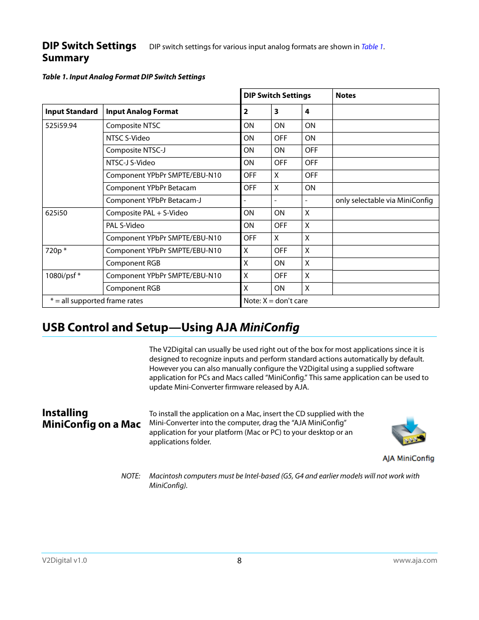 Dip switch settings summary, Usb control and setup—using aja miniconfig, Installing miniconfig on a mac | AJA V2Digital User Manual | Page 8 / 26