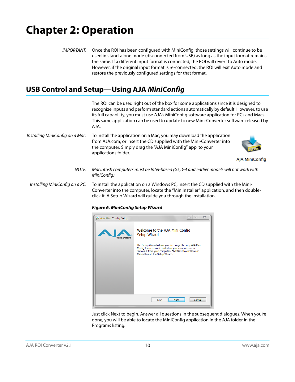 Chapter 2: operation, Usb control and setup—using aja miniconfig | AJA ROI User Manual | Page 10 / 36