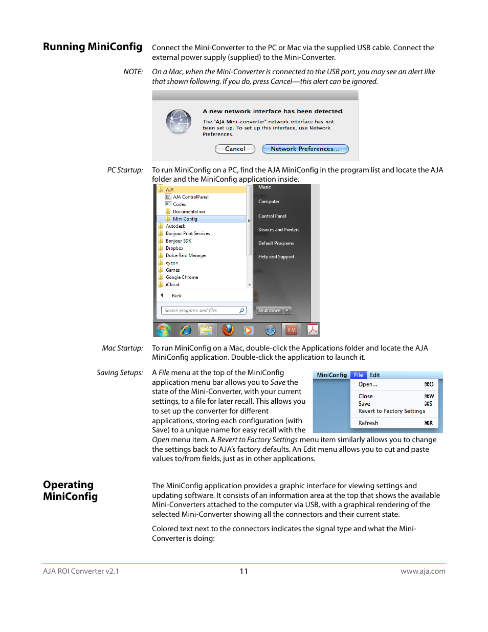 Running miniconfig, Operating miniconfig, Running miniconfig operating miniconfig | AJA ROI User Manual | Page 11 / 36