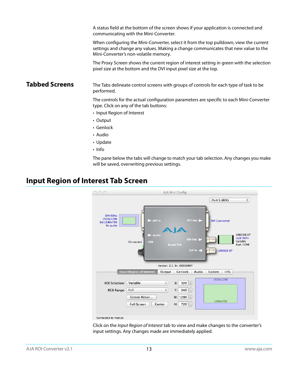 Tabbed screens, Input region of interest tab screen | AJA ROI User Manual | Page 13 / 36