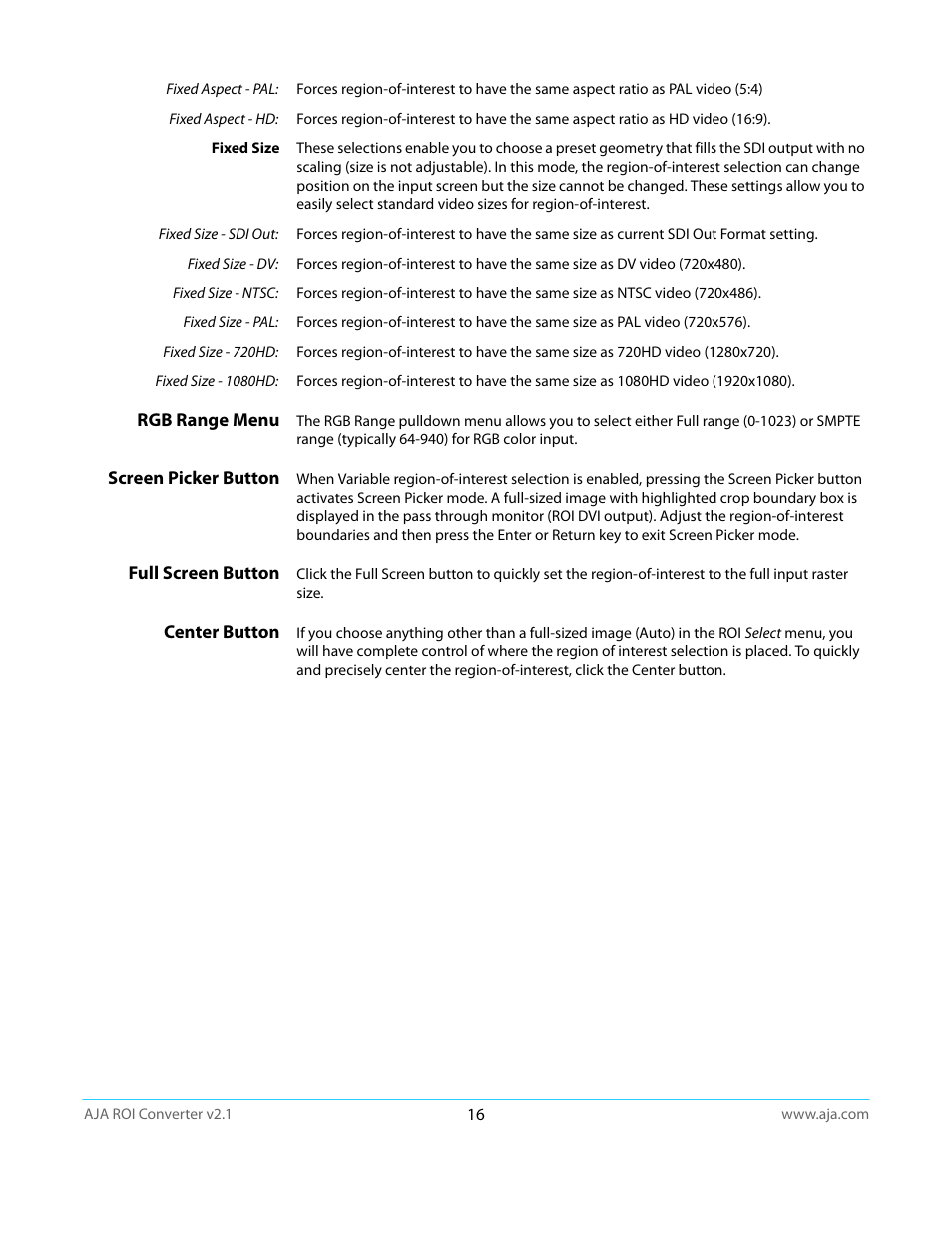 Rgb range menu, Screen picker button, Full screen button | Center button | AJA ROI User Manual | Page 16 / 36