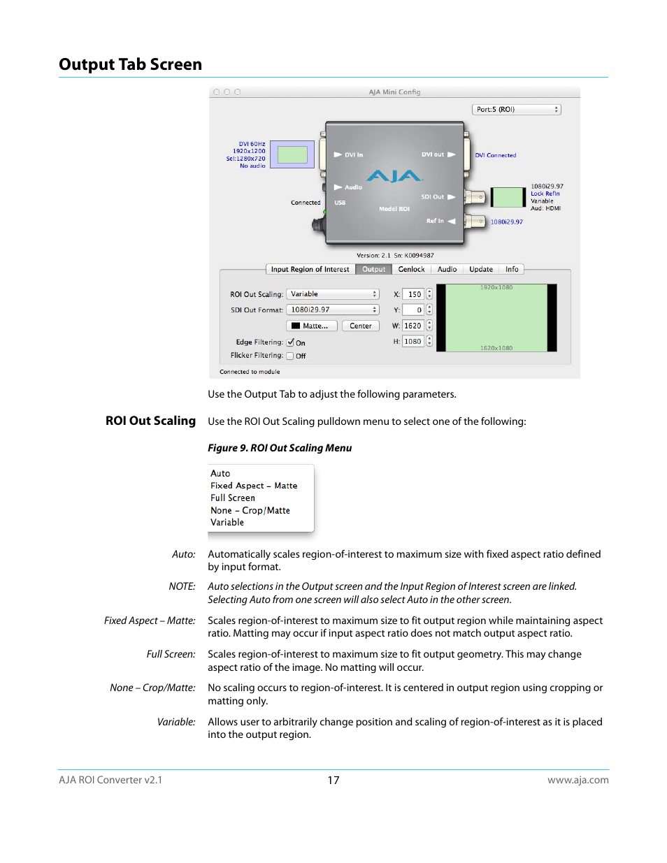 Output tab screen, Roi out scaling | AJA ROI User Manual | Page 17 / 36