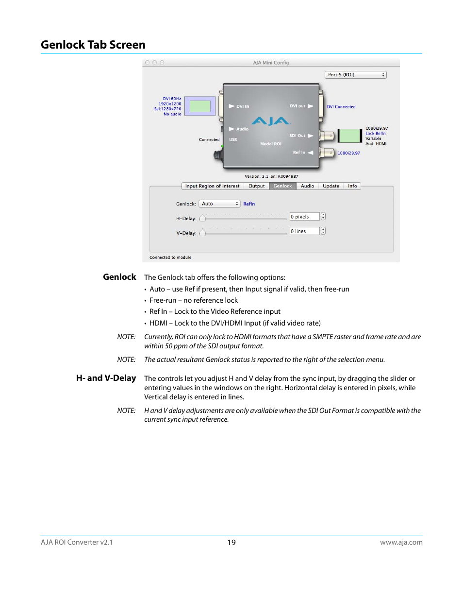 Genlock tab screen, Genlock, H- and v-delay | AJA ROI User Manual | Page 19 / 36