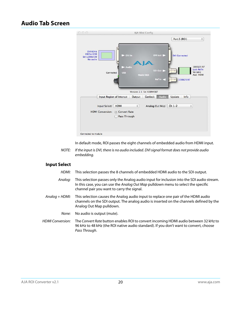 Audio tab screen, Input select | AJA ROI User Manual | Page 20 / 36