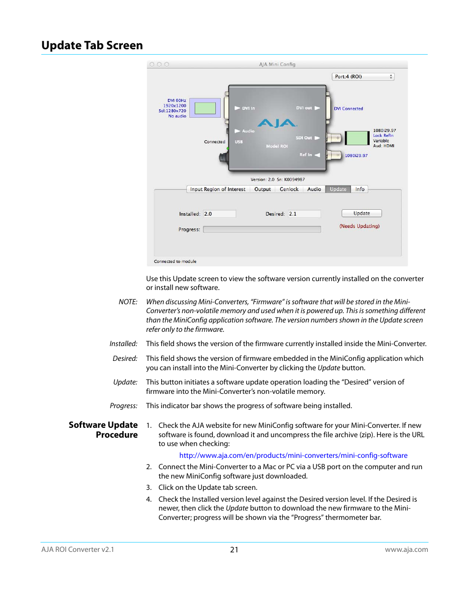 Update tab screen, Software update procedure | AJA ROI User Manual | Page 21 / 36