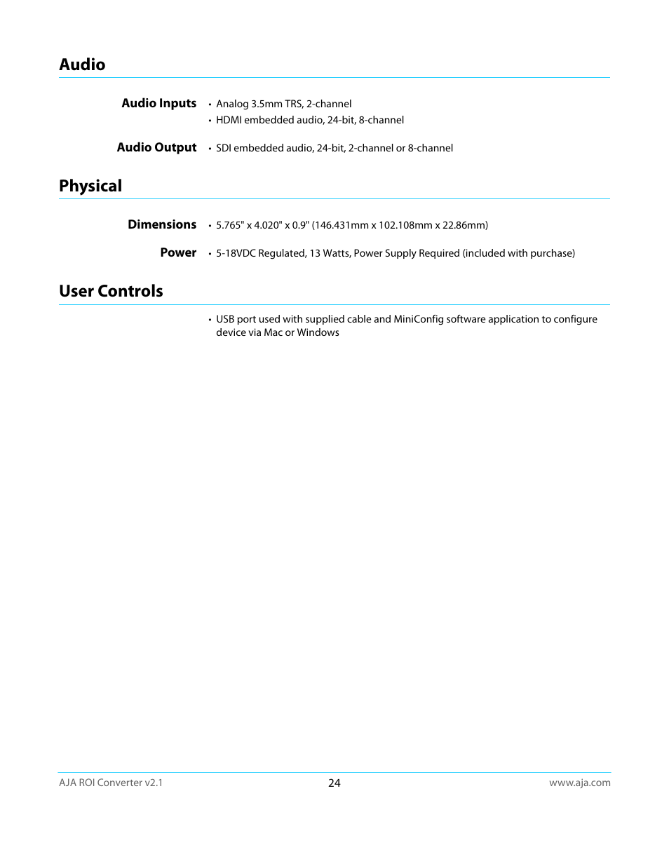 Audio, Audio inputs, Audio output | Physical, Dimensions, Power, User controls, Audio physical user controls | AJA ROI User Manual | Page 24 / 36