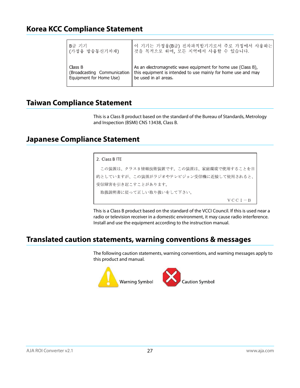 Korea kcc compliance statement, Taiwan compliance statement, Japanese compliance statement | AJA ROI User Manual | Page 27 / 36