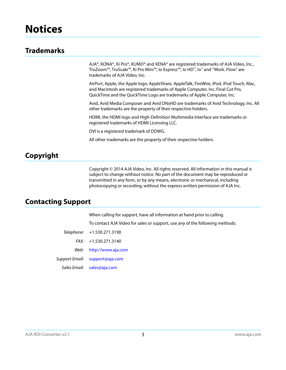 Notices, Trademarks, Copyright | Contacting support, Trademarks copyright contacting support | AJA ROI User Manual | Page 3 / 36