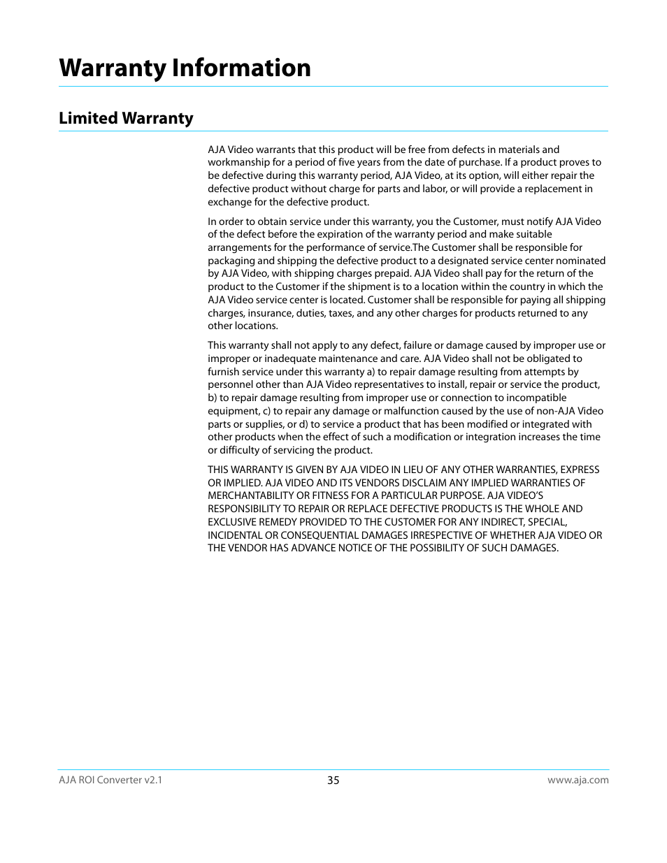 Warranty information, Limited warranty | AJA ROI User Manual | Page 35 / 36