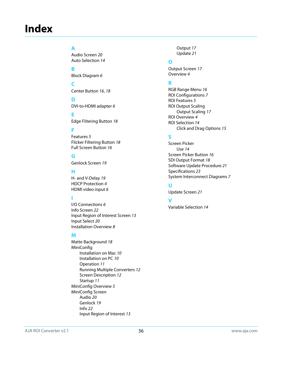 Index | AJA ROI User Manual | Page 36 / 36