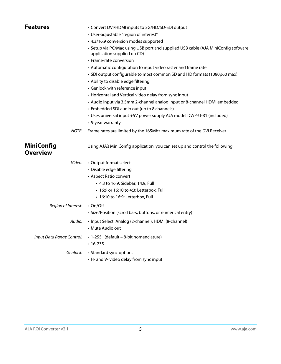 Features, Miniconfig overview, Features miniconfig overview | AJA ROI User Manual | Page 5 / 36
