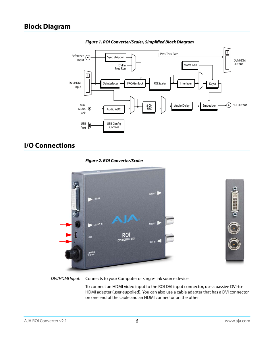 Block diagram, I/o connections, Block diagram i/o connections | AJA ROI User Manual | Page 6 / 36