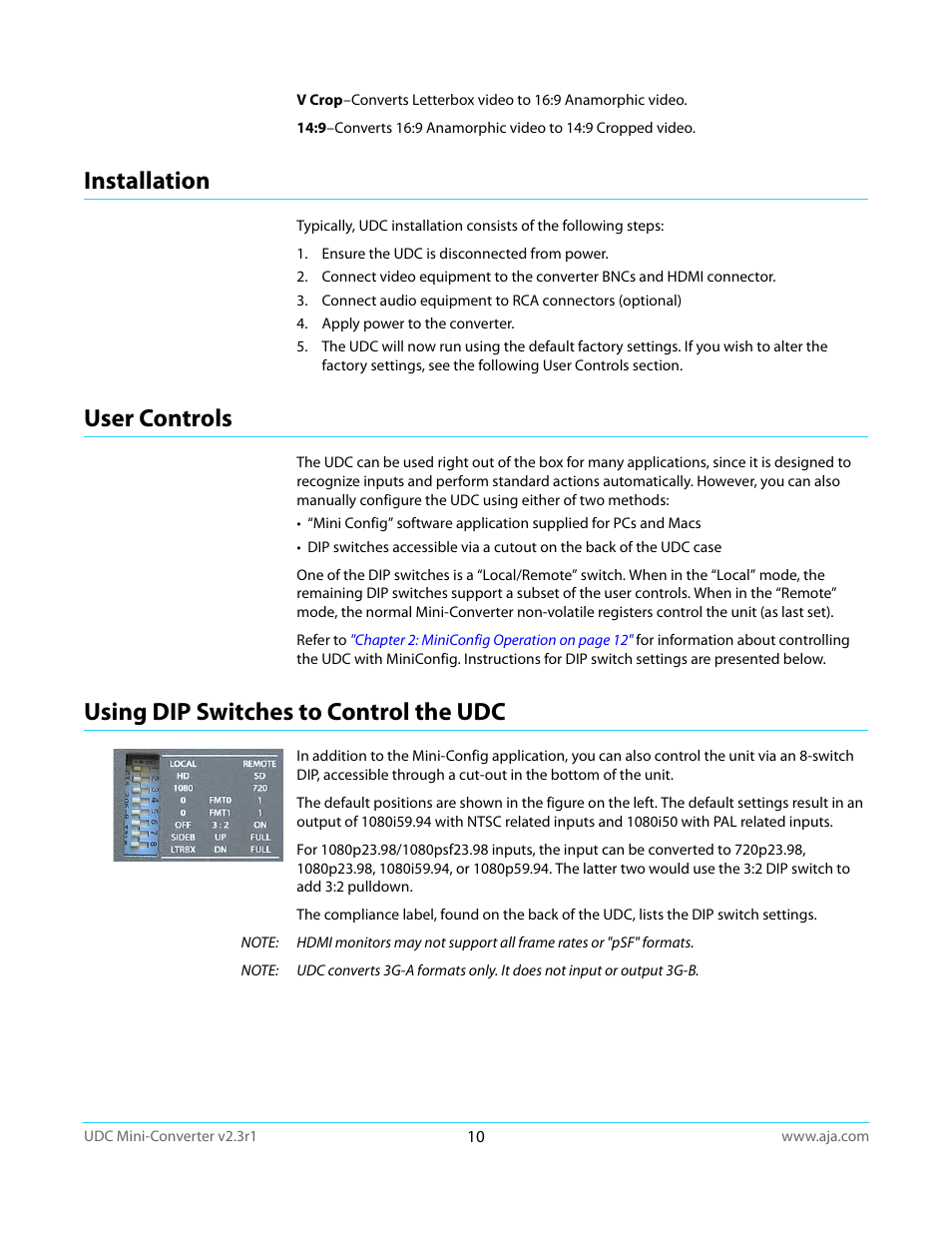 Installation, User controls, Using dip switches to control the udc | AJA UDC User Manual | Page 10 / 29