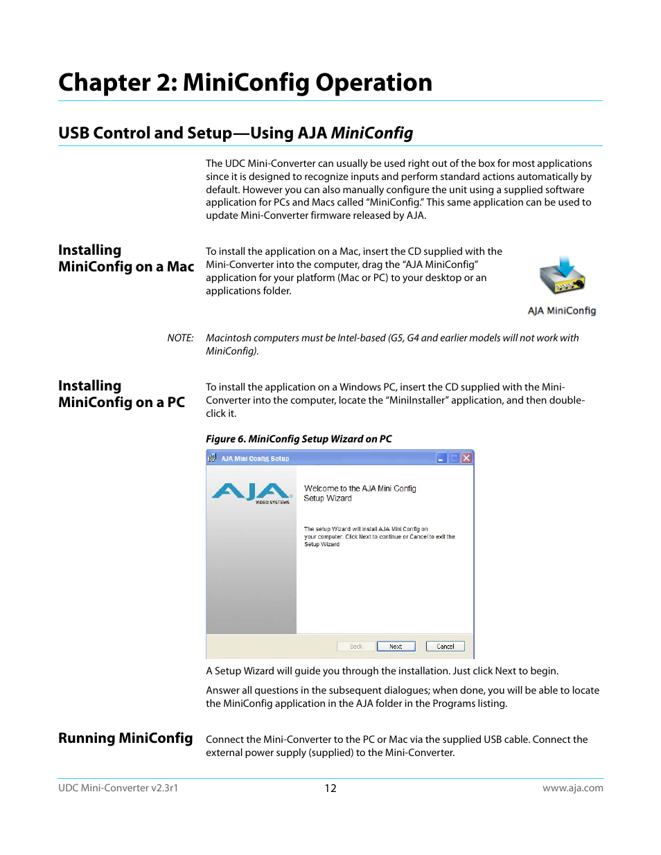 Chapter 2: miniconfig operation, Usb control and setup—using aja miniconfig, Installing miniconfig on a mac | Installing miniconfig on a pc, Running miniconfig | AJA UDC User Manual | Page 12 / 29