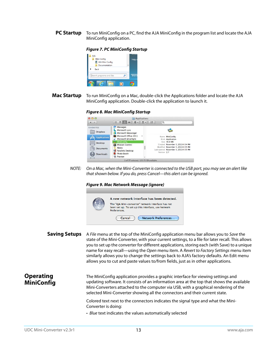 Pc startup, Mac startup, Saving setups | Operating miniconfig, Pc startup mac startup saving setups | AJA UDC User Manual | Page 13 / 29