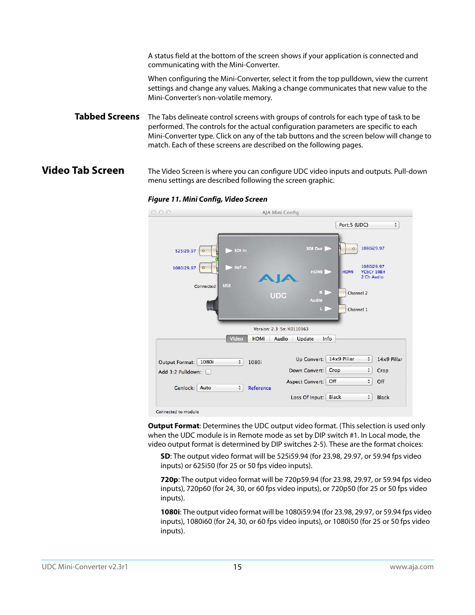 Tabbed screens, Video tab screen | AJA UDC User Manual | Page 15 / 29