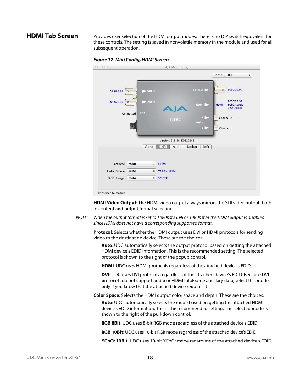 Hdmi tab screen | AJA UDC User Manual | Page 18 / 29