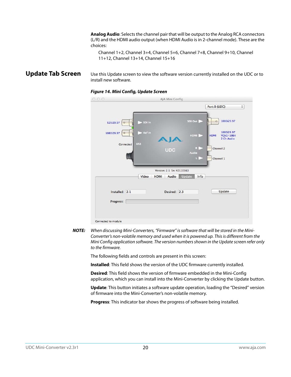 Update tab screen | AJA UDC User Manual | Page 20 / 29