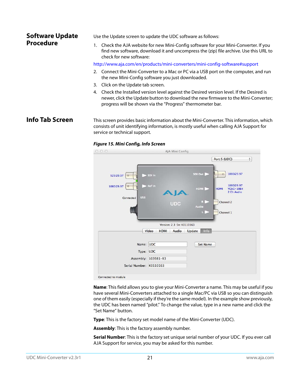 Software update procedure, Info tab screen, Software update procedure info tab screen | AJA UDC User Manual | Page 21 / 29