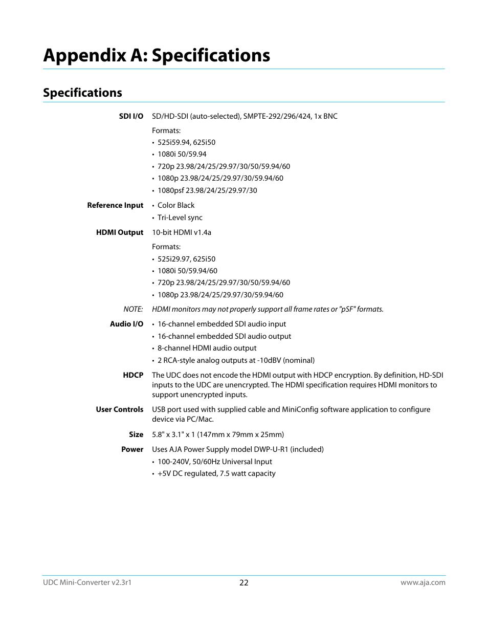 Appendix a: specifications, Specifications | AJA UDC User Manual | Page 22 / 29