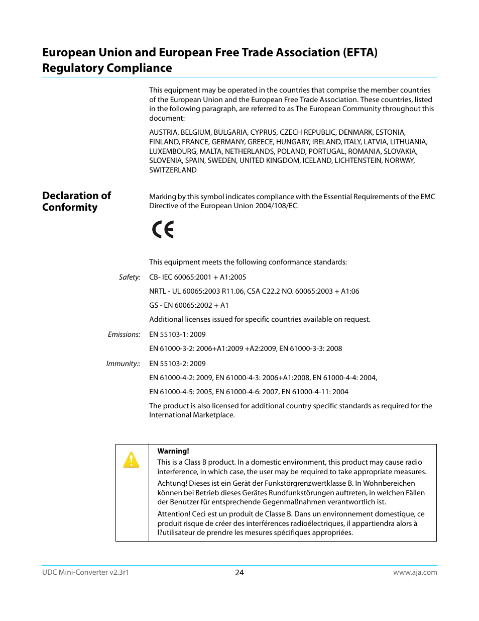 Declaration of conformity, Regulatory compliance | AJA UDC User Manual | Page 24 / 29