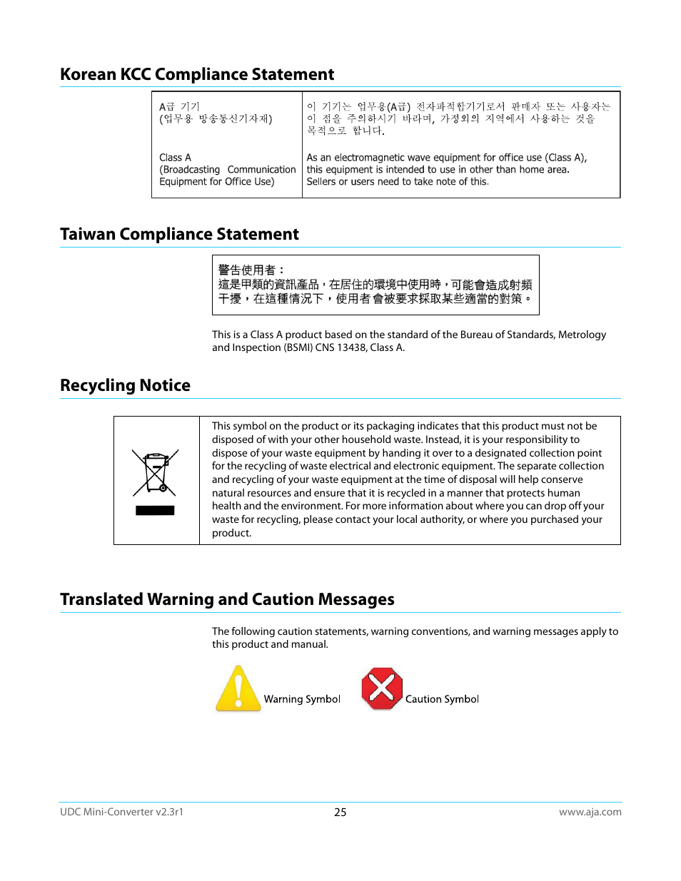 Korean kcc compliance statement, Taiwan compliance statement, Recycling notice | Translated warning and caution messages | AJA UDC User Manual | Page 25 / 29